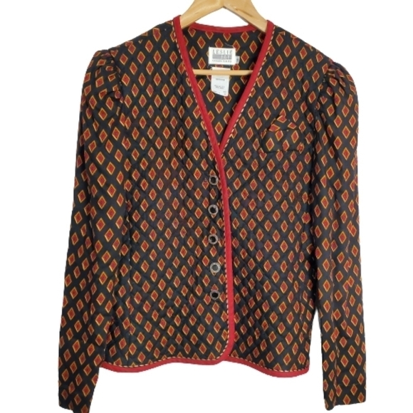 Vintage Jackets & Blazers - Leslie Fay Vintage 90s Quilted Geometric Black Red Career Blazer Size 10